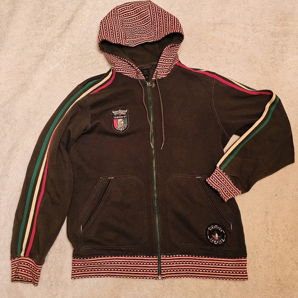 Brownish/Olive green Kingston Jamaica Adidas zip up hoodie.